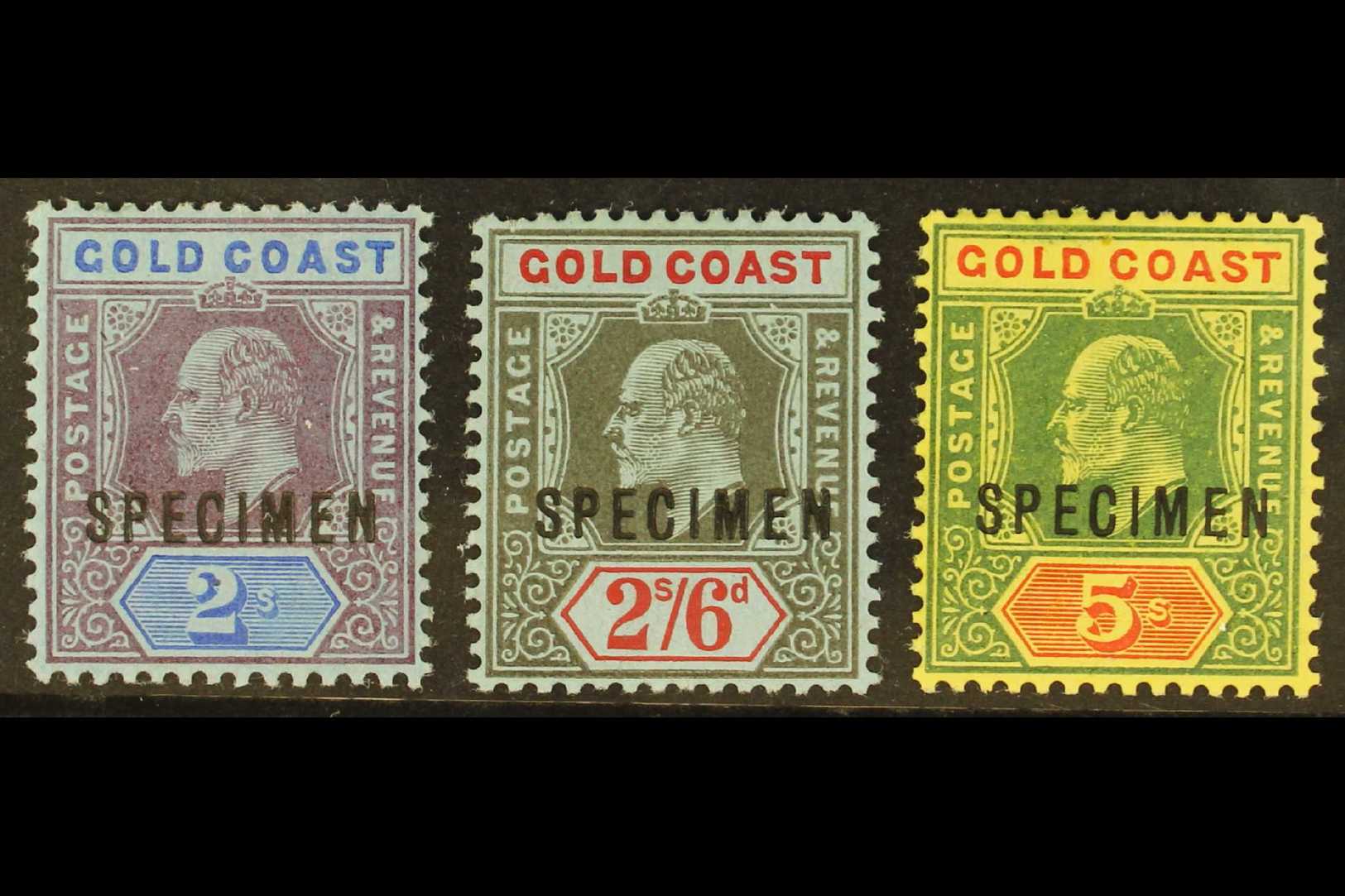 1907-13 SPECIMENS.  3s, 2s6d & 5s Top Values With "SPECIMEN" Overprints, SG 66s/68s, Very Fine Mint. (3 Stamps) For More - Goldküste (...-1957)