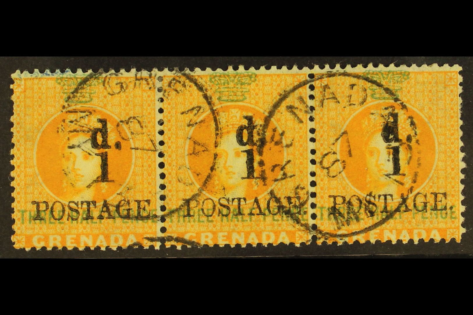 1886  1d On 1½d Orange, SG 37, Superb Used Horizontal Strip Of 3. Ex Danforth Walker. For More Images, Please Visit Http - Grenade (...-1974)