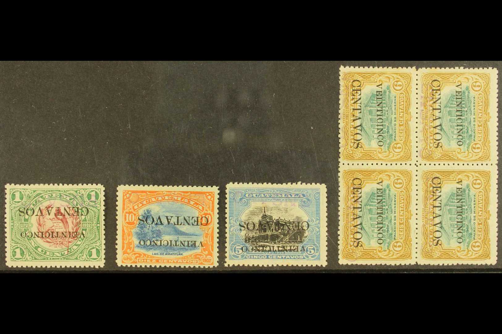 1916 OVERPRINT ESSAYS.  25c On 1c, 25c On 5c & 25c On 10c, Plus 25c On 6c Block Of 4, All With INVERTED SURCHARGES Varie - Guatemala