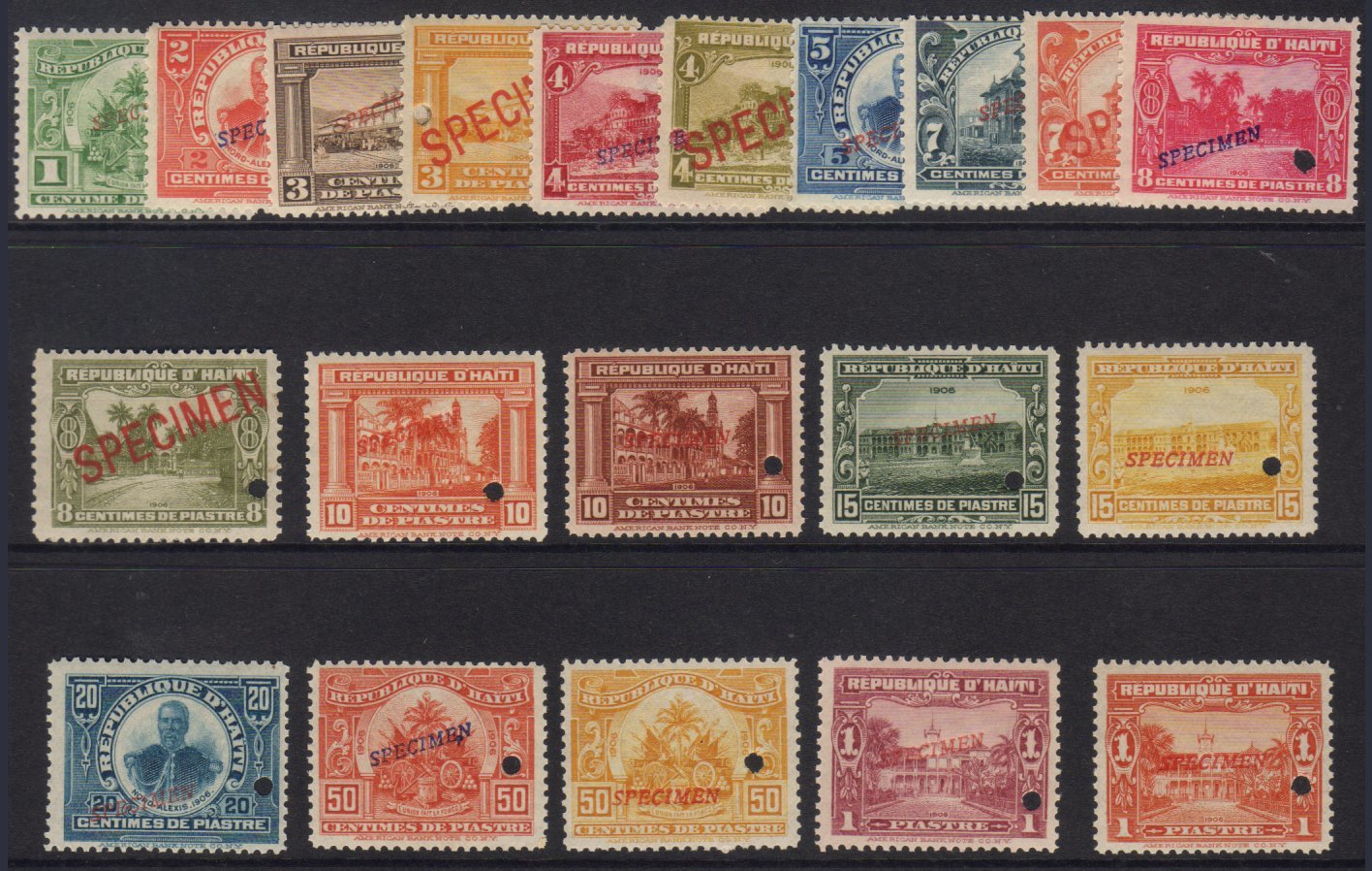 1906-13  Pictorial Complete Set, Scott 125/144, Each With 'SPECIMEN' Overprint And Security Punch Hole, Fresh Never Hing - Haïti