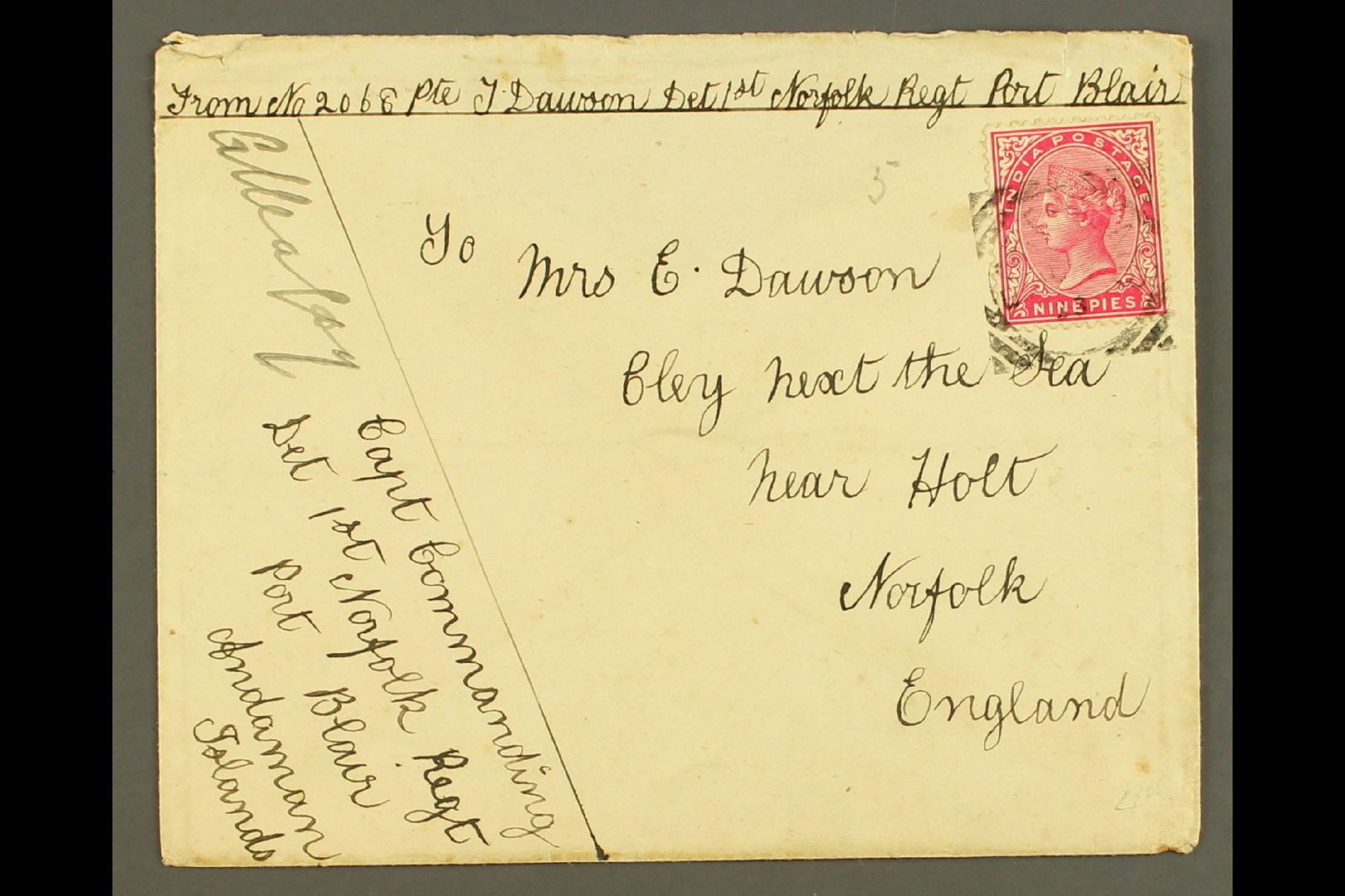1893 ANDAMAN ISLANDS MILITARY MAIL.  1893 (Aug) Envelope (flap Partially Missing) To Norfolk, England, Bearing India 9p  - Otros & Sin Clasificación