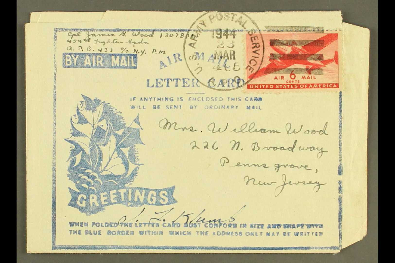 1942 BRITISH MILITARY FORCES CHRISTMAS AEROGRAMME  (Kessler 181) Greetings & Laurel, Used March 1944, Bearing USA Air 6c - Autres & Non Classés