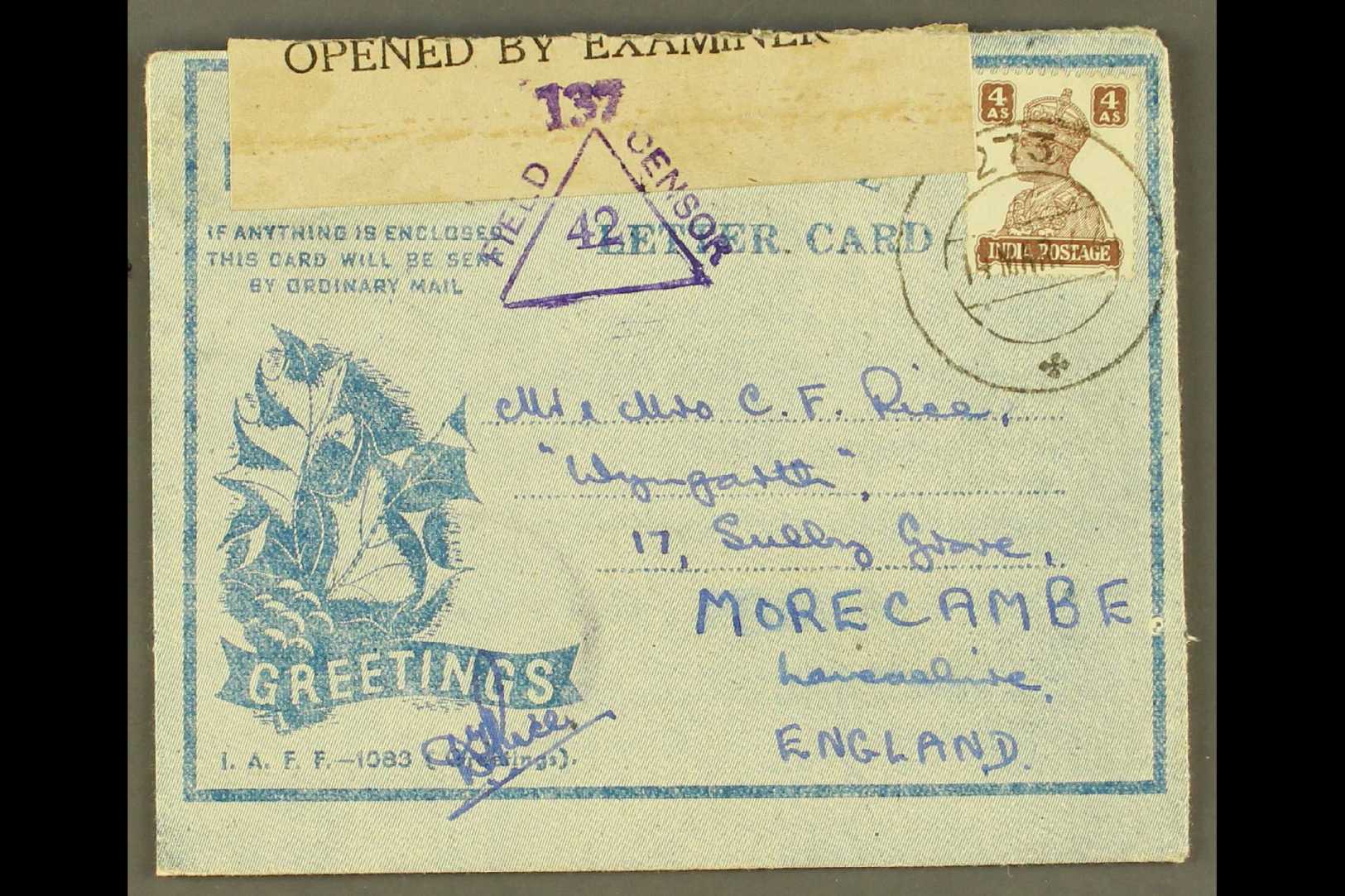1942 BRITISH MILITARY FORCES CHRISTMAS AEROGRAMME  (Kessler 181) Greetings & Laurel, Used March 1944 From R.A. Depot, In - Autres & Non Classés