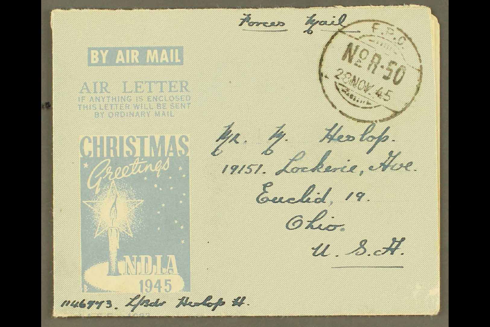 1945 BRITISH MILITARY FORCES CHRISTMAS AEROGRAMME  (Kessler 194) Cancelled F.P.O. R-50 Cds, Sent To England, Attractive  - Autres & Non Classés