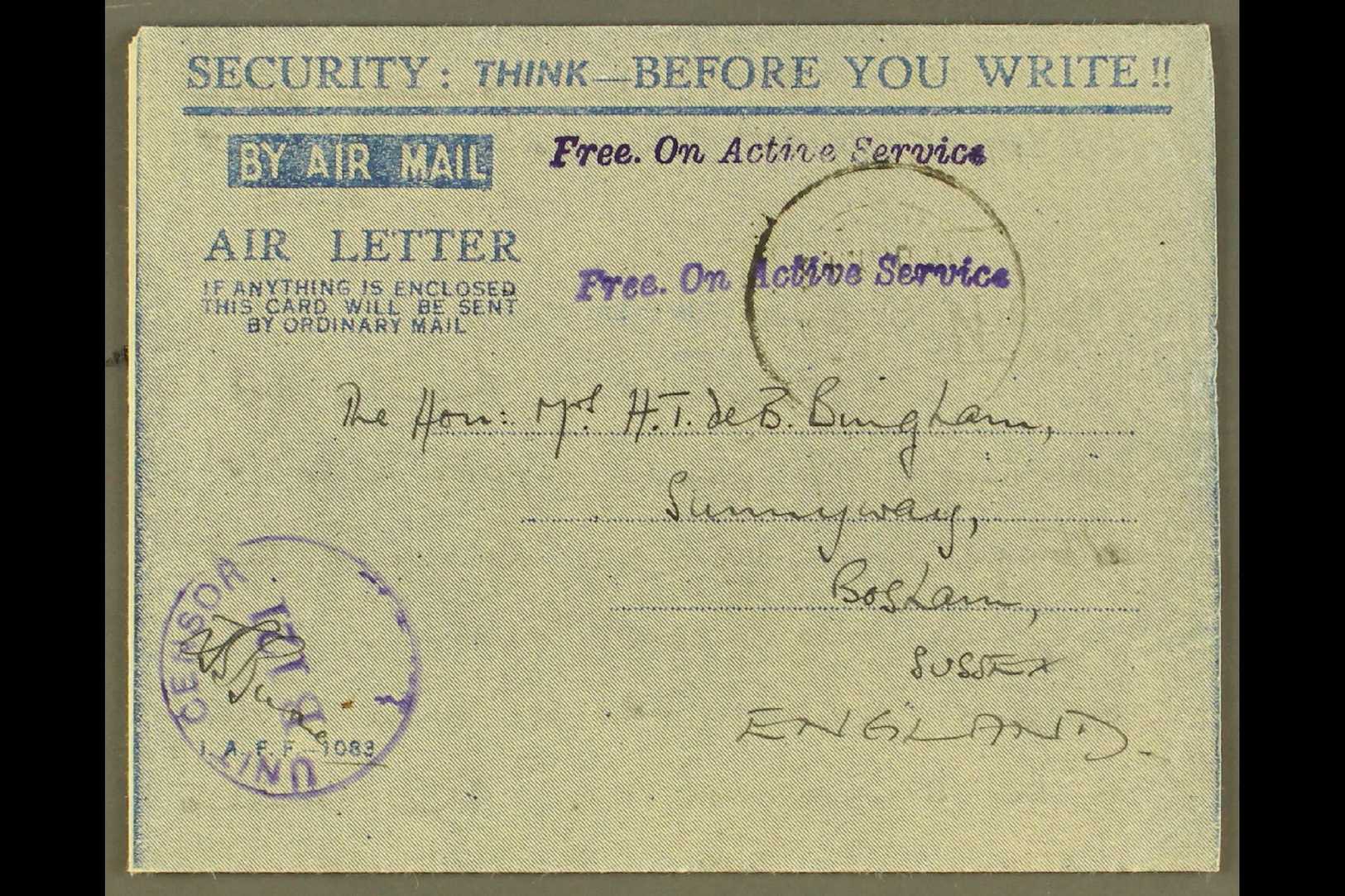 1946 BRITISH MILITARY FORCES AEROGRAMME - BURMA  "Security: Think - Before You Write !" (as Kessler 197, But Imprint "N. - Autres & Non Classés