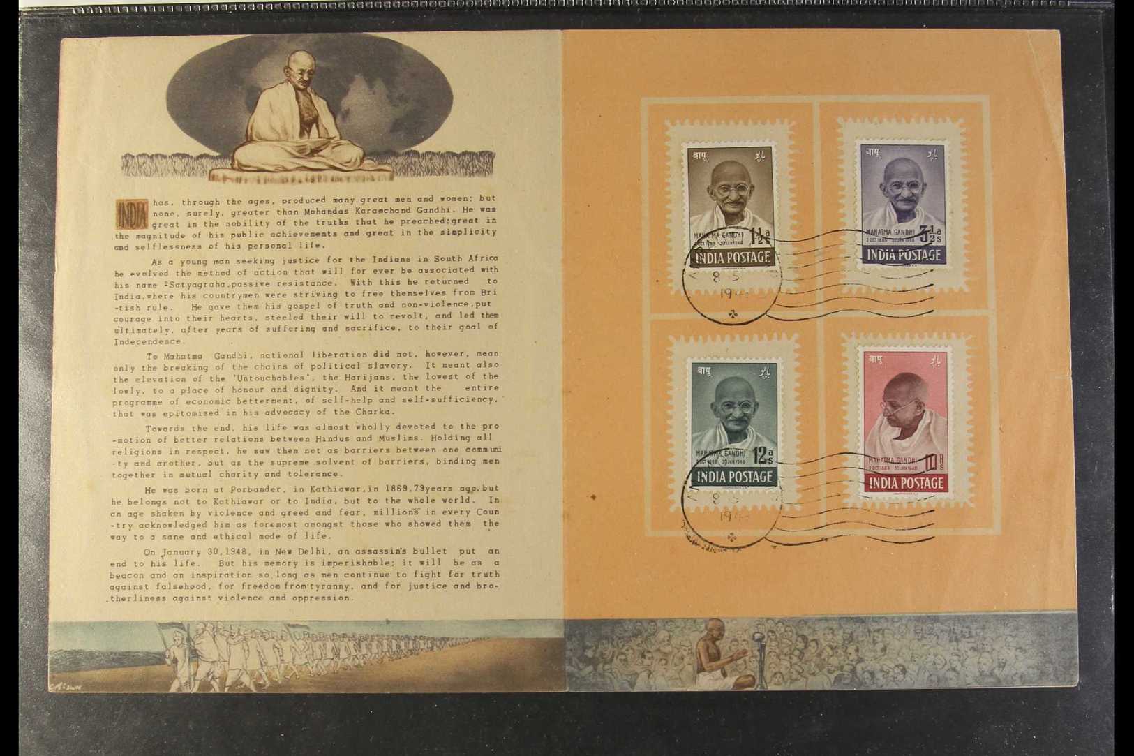 1948  (15 Aug) Gandhi Set Complete (SG 305/8) Tied To Official Special Illustrated Memorial Folder By "AMRAOTI CAMP" Cds - Otros & Sin Clasificación