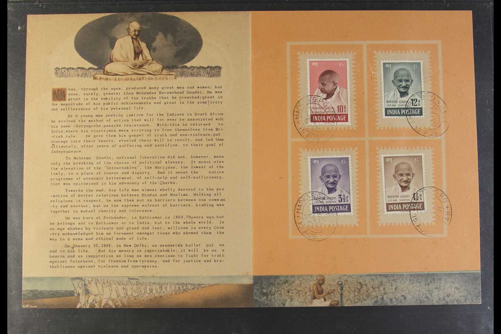 1948  (15 Aug) Gandhi Set Complete (SG 305/8) Tied To Official Special Illustrated Memorial Folder By "MADRAS G.P.O." Co - Otros & Sin Clasificación
