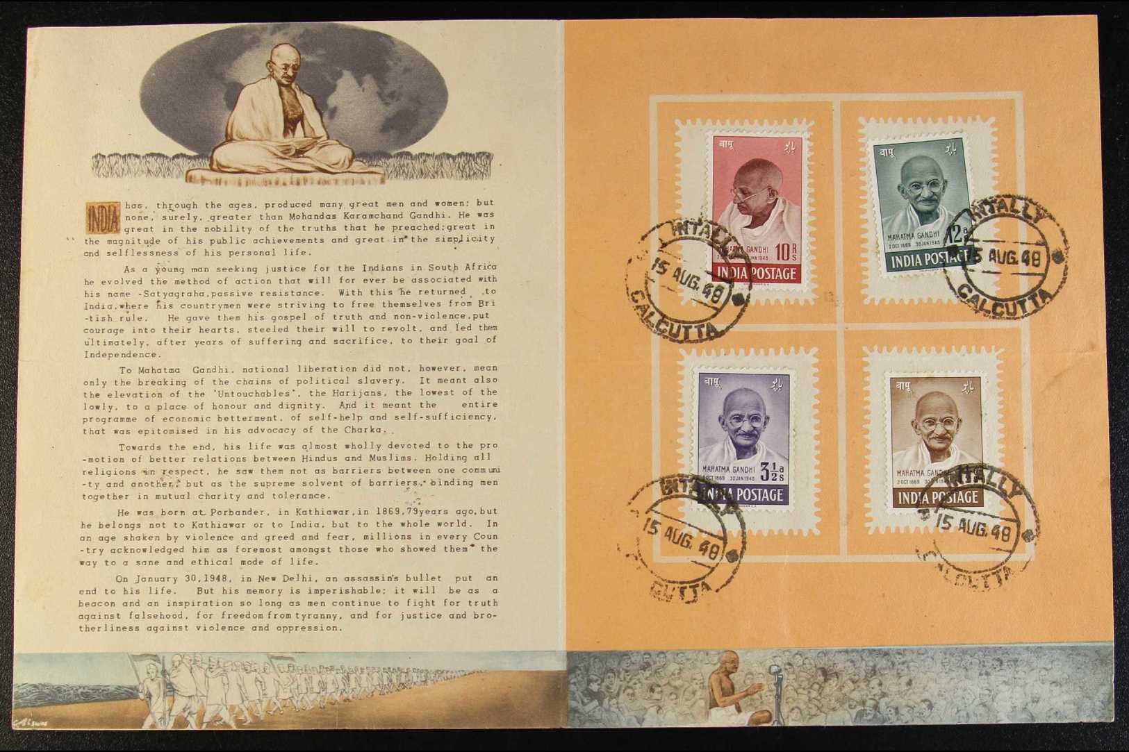 1948 GANDHI MEMORIAL FOLDER  Containing The Complete Set (SG 305/08) Tied By "INTALLY / 15 AUG 48 / CALCUTTA" (first Day - Autres & Non Classés