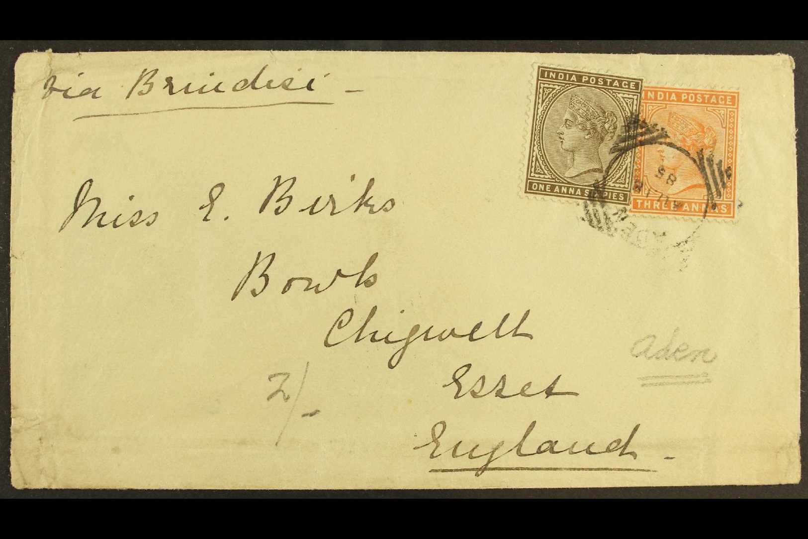 USED IN ADEN  1885 (18th Aug) Envelope To Chigwell Essex Bearing India QV 1a & 3a Stamps Tied By A Pretty Little Aden Sq - Otros & Sin Clasificación