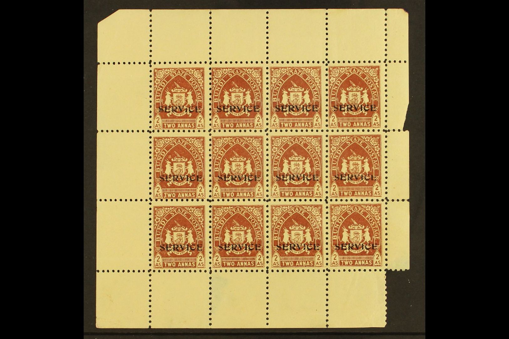 BUNDI  OFFICIALS. 1941 2a Brown, SG O56, COMPLETE SHEET Of 12 With Selvedge To All Sides. Fine Mint, Ungummed Paper As I - Other & Unclassified