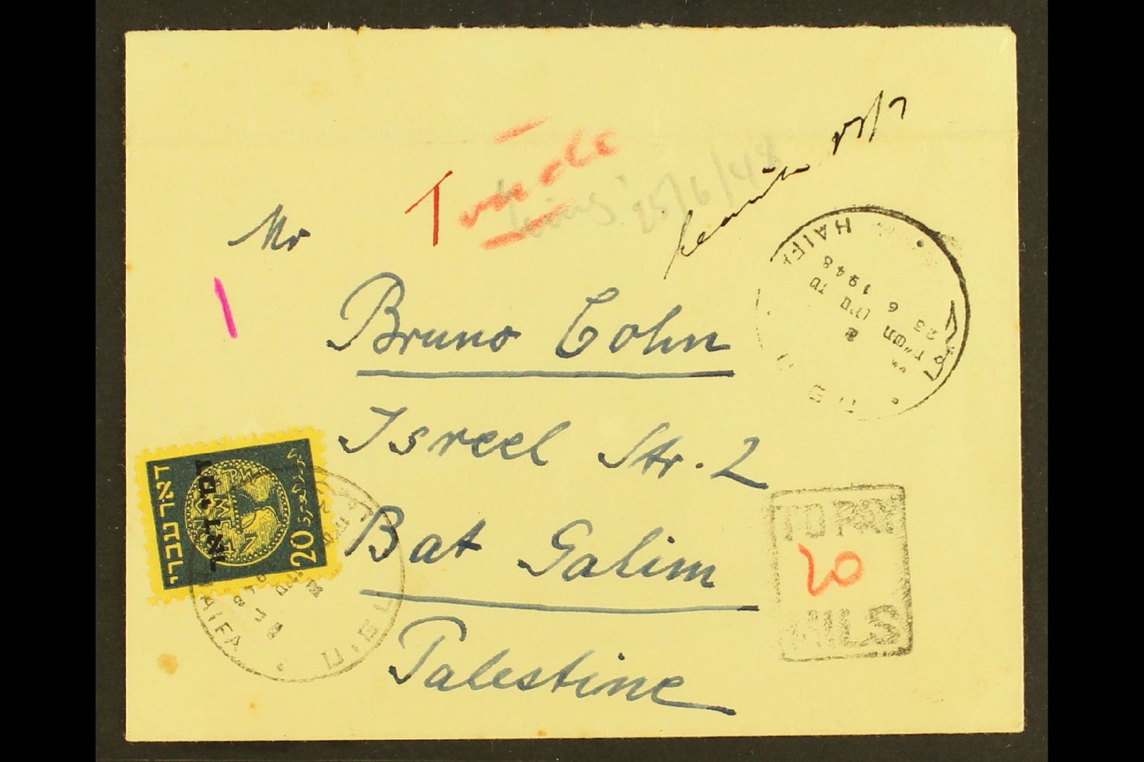 1948  (23 June) Stampless Cover To Bat Galim With Boxed "TO PAY" Cachet And 20m Postage Due (Bale PD4, SG D13). Nice Ite - Autres & Non Classés