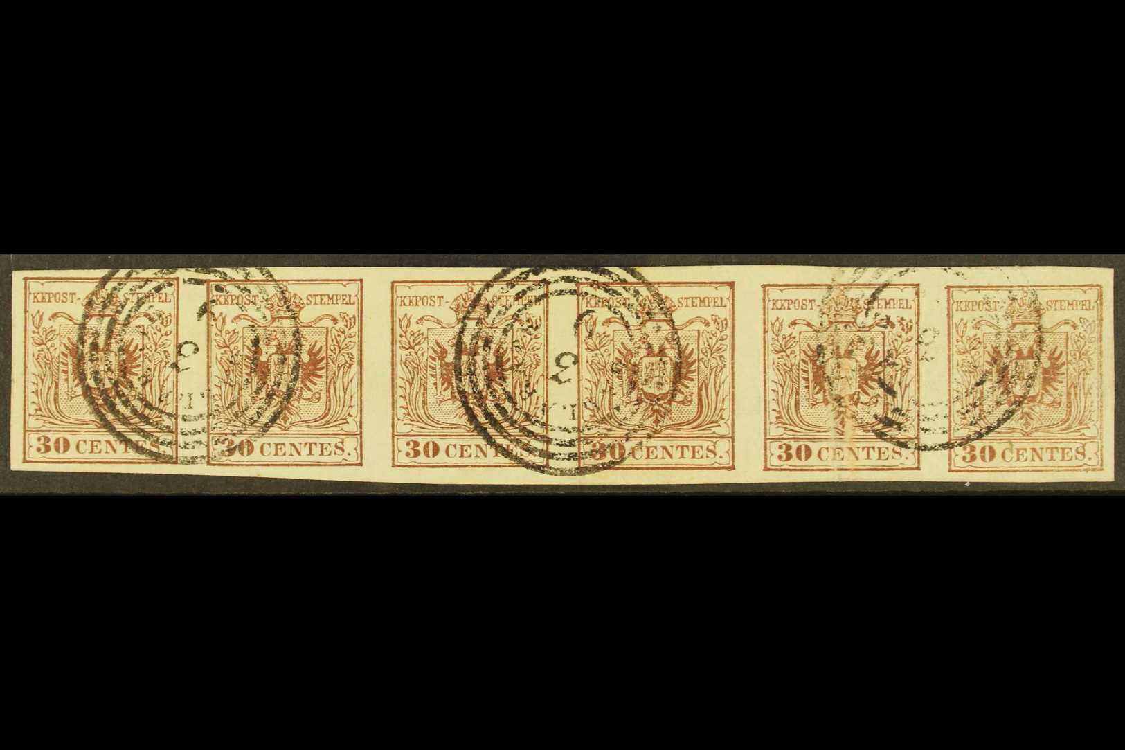 LOMBARDY-VENETIA  1850 30c Brown On Machine Made Paper, Sass 21 (Mi 4Y), Used HORIZONTAL STRIP OF 6! 5th Stamp With Pres - Sin Clasificación