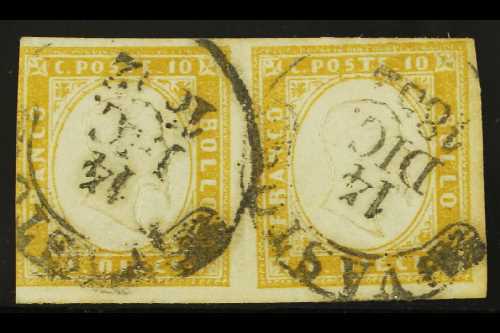 SARDINIA  1855-63 10c Giallo Olivastro (1862 Printing), Sassone 14Dc, Fine Used Horizontal PAIR With Nice Fully Dated "V - Sin Clasificación