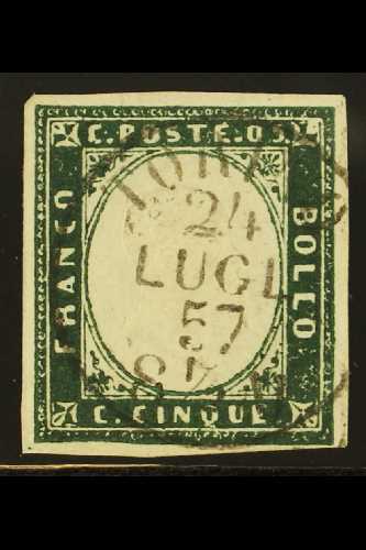 SARDINIA  1857 5c Deep Myrtle Green, Sass 13Ab, Superb Used With Full Dated Cds Cancel. Scarce And Highly Attractive. Ca - Non Classés