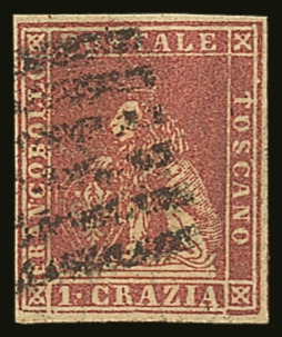 TUSCANY  1857-59 1 Cr Carmine, Sass12, Very Fine Used, Attractive With Good Colour, Four Margins And Neat Barred Cancel; - Sin Clasificación