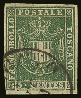 TUSCANY  1860 5c Yellow Green, Sass 18c, Superb Used With Large Margins All Round, Full Colour And Light Cds. Lovely, Si - Sin Clasificación