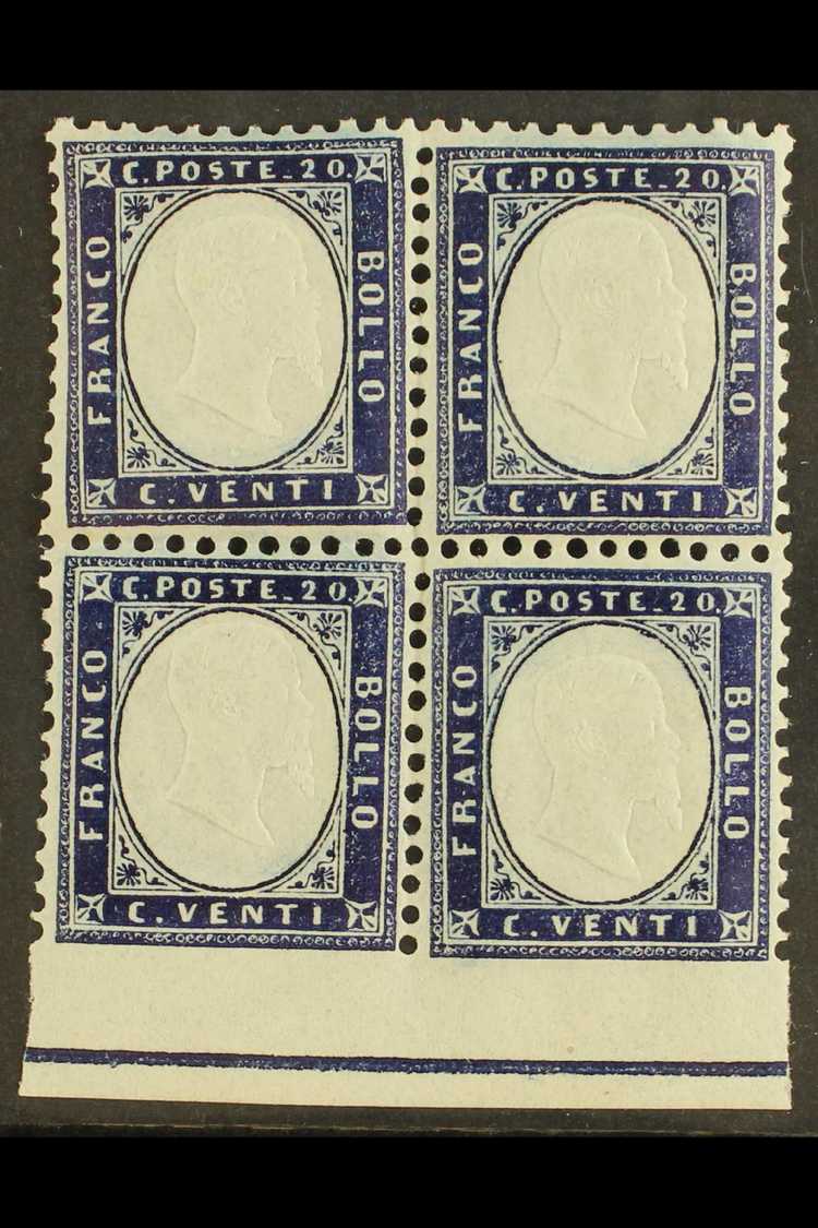 1862  20c Indigo, Block Of 4 Imperf At Foot With Frame Line, Sass 2L, Superb Never Hinged Mint. Cat €400 (£300) For More - Non Classés