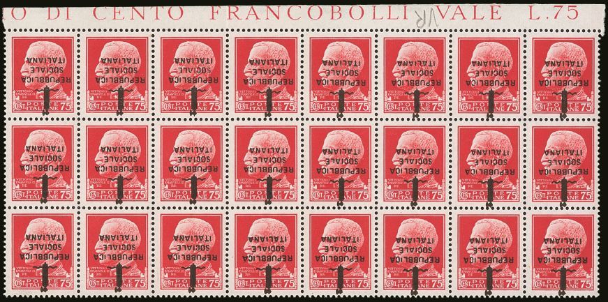 1944  75c Carmine Florence R.S.I. Overprint, Spectacular Block Of 24 From The Top Of The Sheet With INVERTED OVERPRINT,  - Non Classés