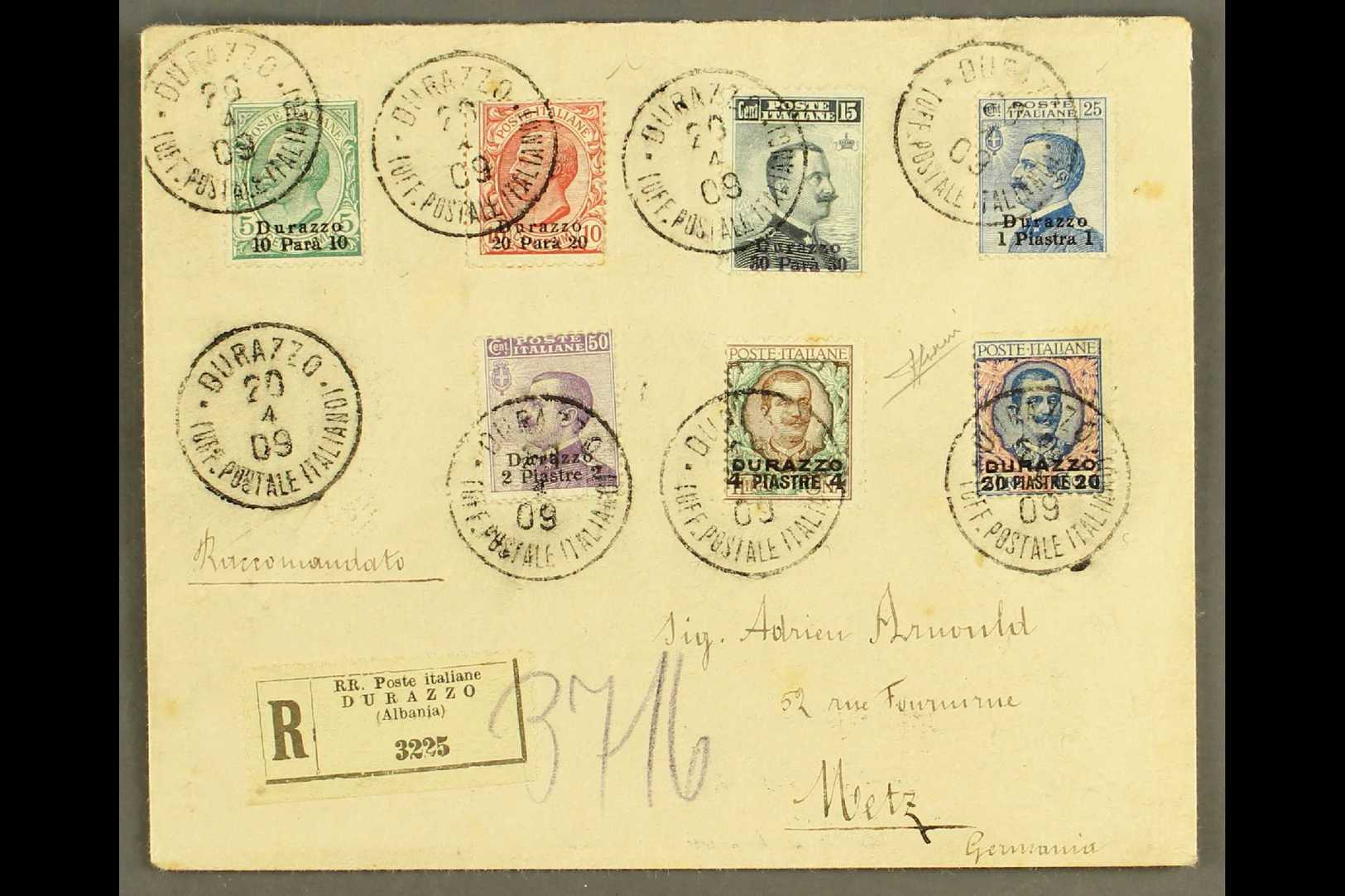 POST OFFICES IN TURKISH EMPIRE  DURAZZO - 1909 Registered Cover Franked With All The Values From 10pa On 5c To 20pi On 5 - Otros & Sin Clasificación