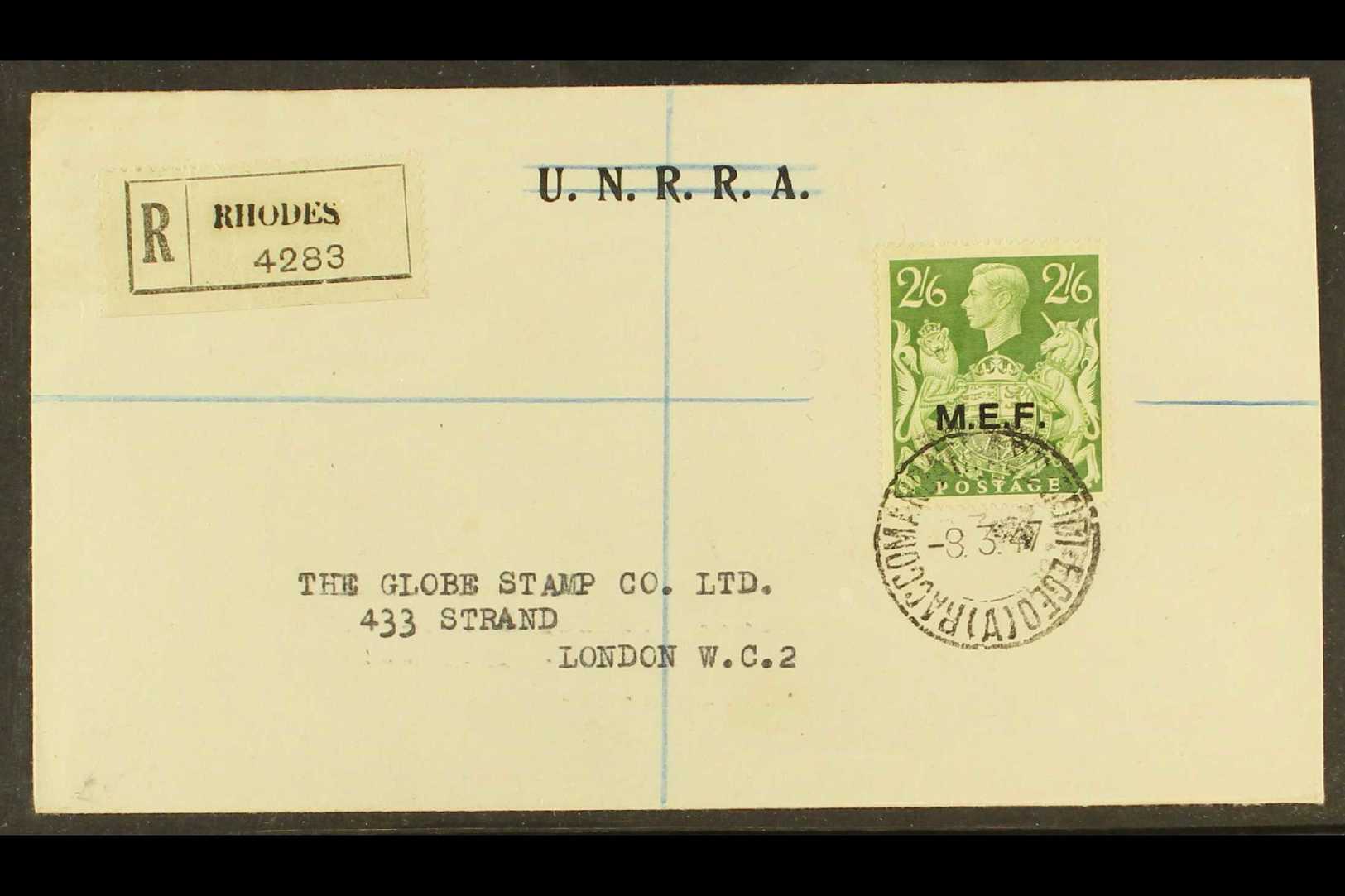 RHODES  1947 2s 6d Green MEF, SG M19, British Occupation Of Former Italian Colonies, Tied By "Raccomandata Ass Rodi Egeo - Autres & Non Classés