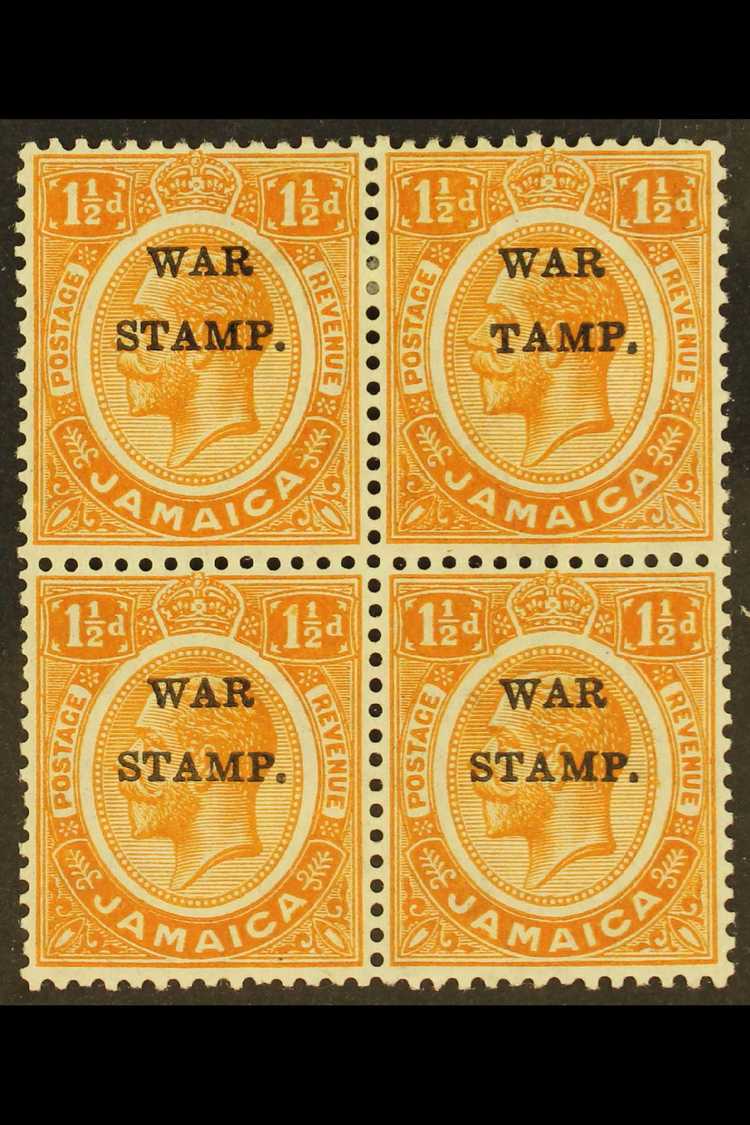 1916  1½d Orange Ovptd "War Stamp",block Of 4, Top R/h Stamp Showing The Variety "S In Stamp Omitted", SG 71/71b, Very F - Jamaica (...-1961)