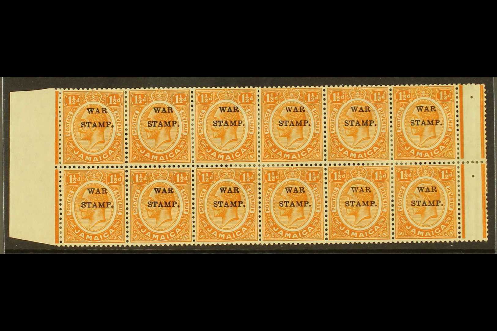 1916  1½d Orange Overprinted "War Stamp", Marginal Interpannau Block Of 12, Variety "watermark Inverted", SG 71w, Fine M - Jamaica (...-1961)