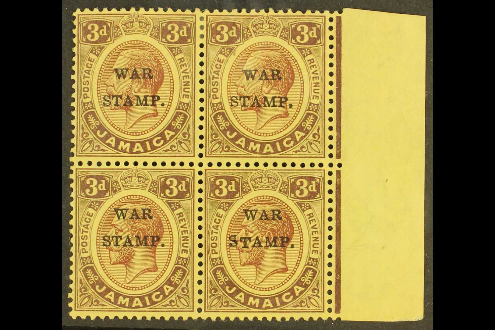1916  3d Purple On Lemon Ovptd "War Stamp", Marginal Mint Block Of 4 One Showing Variety "S Inserted By Hand", SG 72/72c - Jamaica (...-1961)