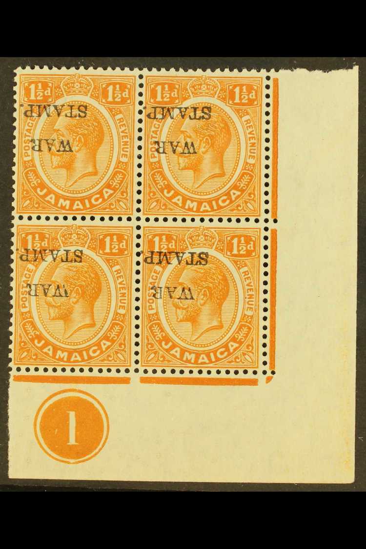 1917  1½d Orange Ovptd "War Stamp", Plate 1 Corner Block Of 4, Variety "overprint Inverted", SG 74d, Superb Never Hinged - Jamaica (...-1961)