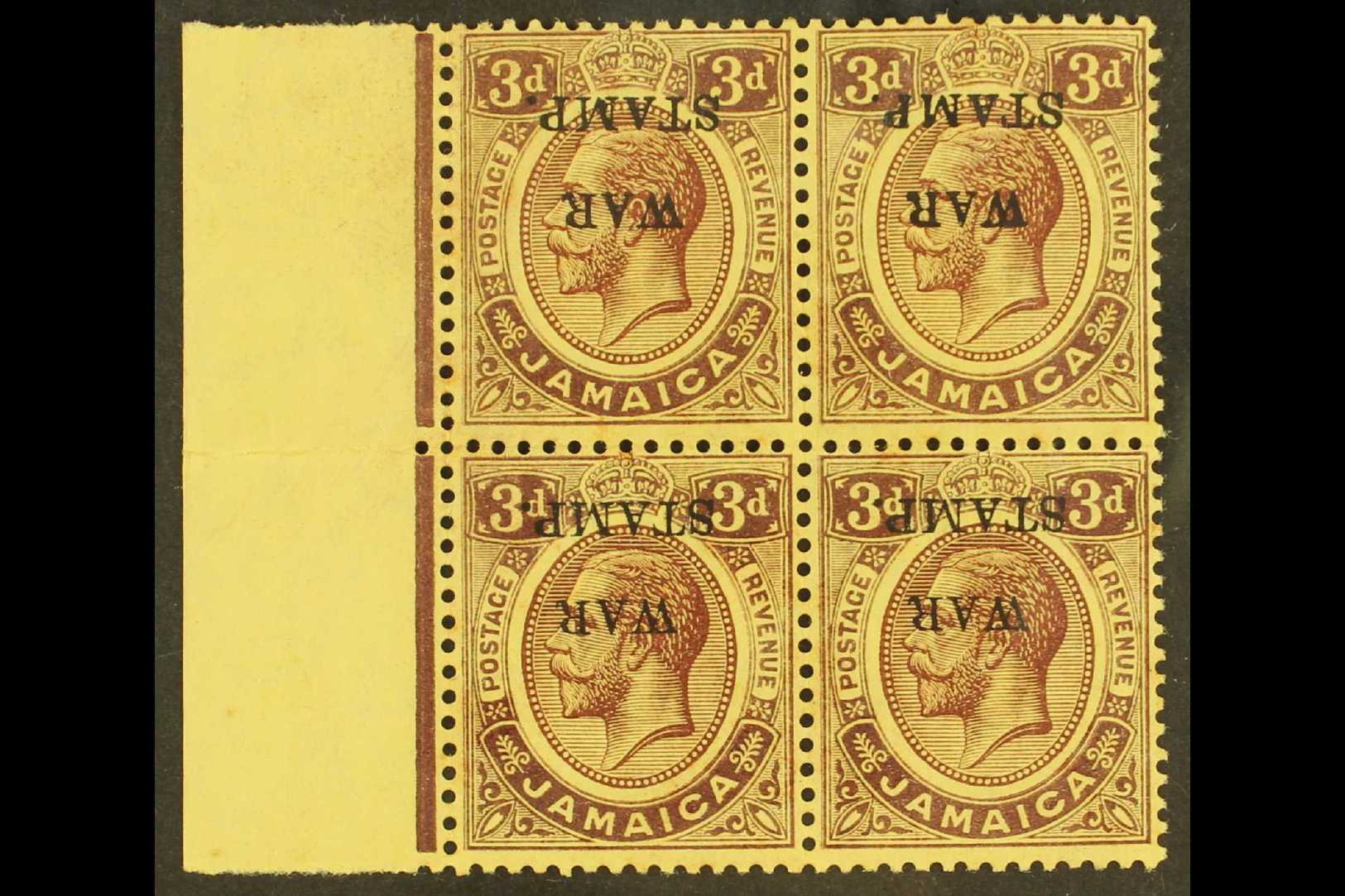 1917  3d Purple On Yellow, "War Stamp" Marginal Block Of 4, Variety "Ovpt Inverted", SG 75c, Couple Of Tone Spots On Gum - Jamaica (...-1961)