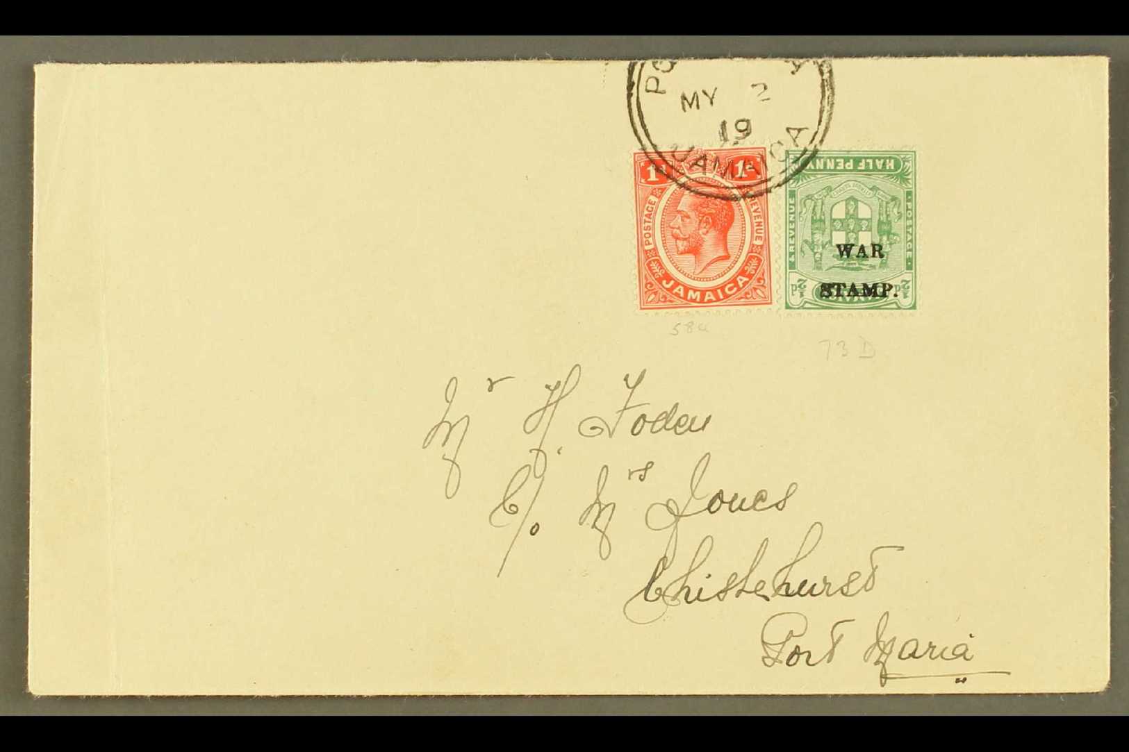 1919  Local Envelope Franked Geo V 1d Scarlet Plus ½d Green War Stamp, Variety "inverted Wmk", SG 73d, Very Fine Tied To - Jamaica (...-1961)