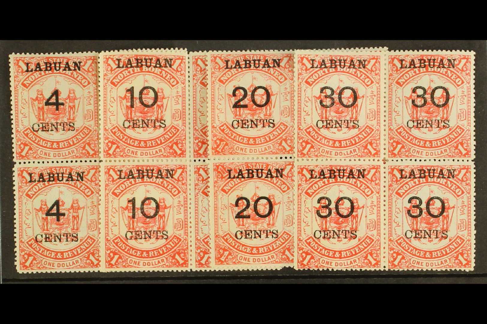 1895  4c, 10c, 20c And 30c On $1 Scarlet,  SG 75/78, Lovely Mint Blocks Of Four, Two In Each Nhm. (16 Stamps) For More I - North Borneo (...-1963)