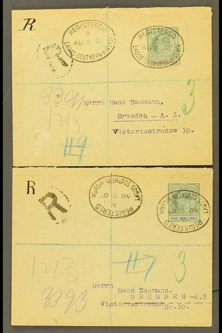1907  (Aug) An Attractive Pair Of Philatelic Envelopes Registered To Germany, Bearing 1904-06 Ordinary Paper 5s Green An - Nigeria (...-1960)