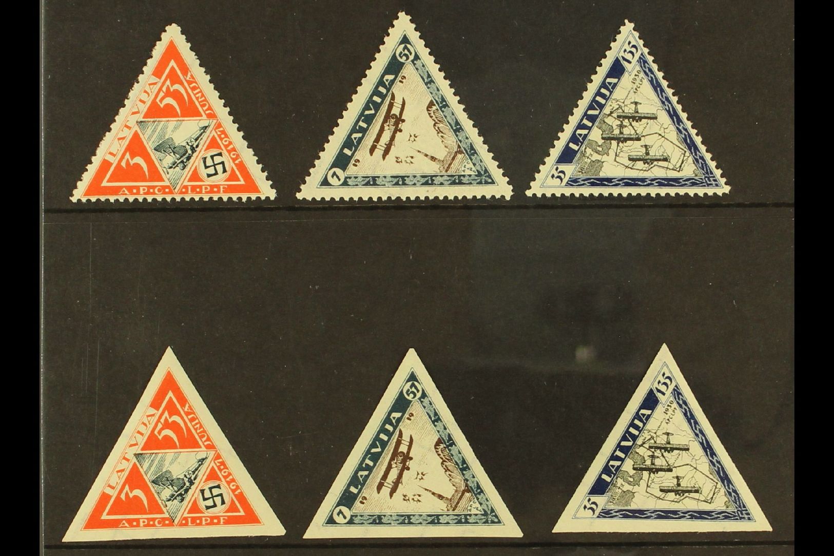 1933  Air Triangulars Complete Perf & Imperf Sets (Michel 225/27 A+B, SG 240A/42B + 240B/42B), Very Fine Mint, Fresh. (6 - Letonia