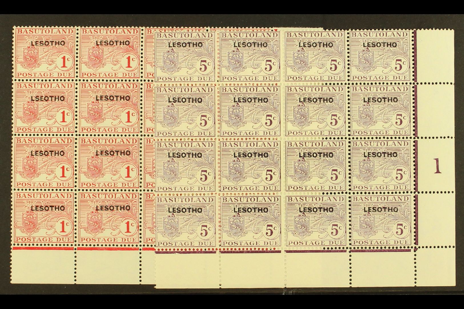 POSTAGE DUES  1966 1c & 5c Overprinted Dues In Cylinder Blocks Of 16 With "LSEOTHO" Error On R4/7, SG D11a/12a, Never Hi - Lesotho (1966-...)