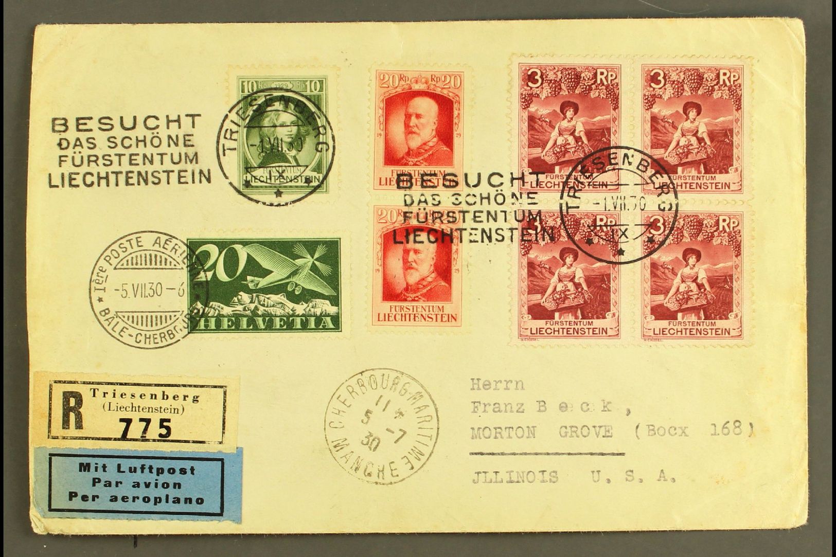 1930 BASEL TO CHERBOURG FIRST FLIGHT COVER.  (5 July) Registered Airmail Cover To USA, Carried On The Basel - Cherbourg  - Otros & Sin Clasificación