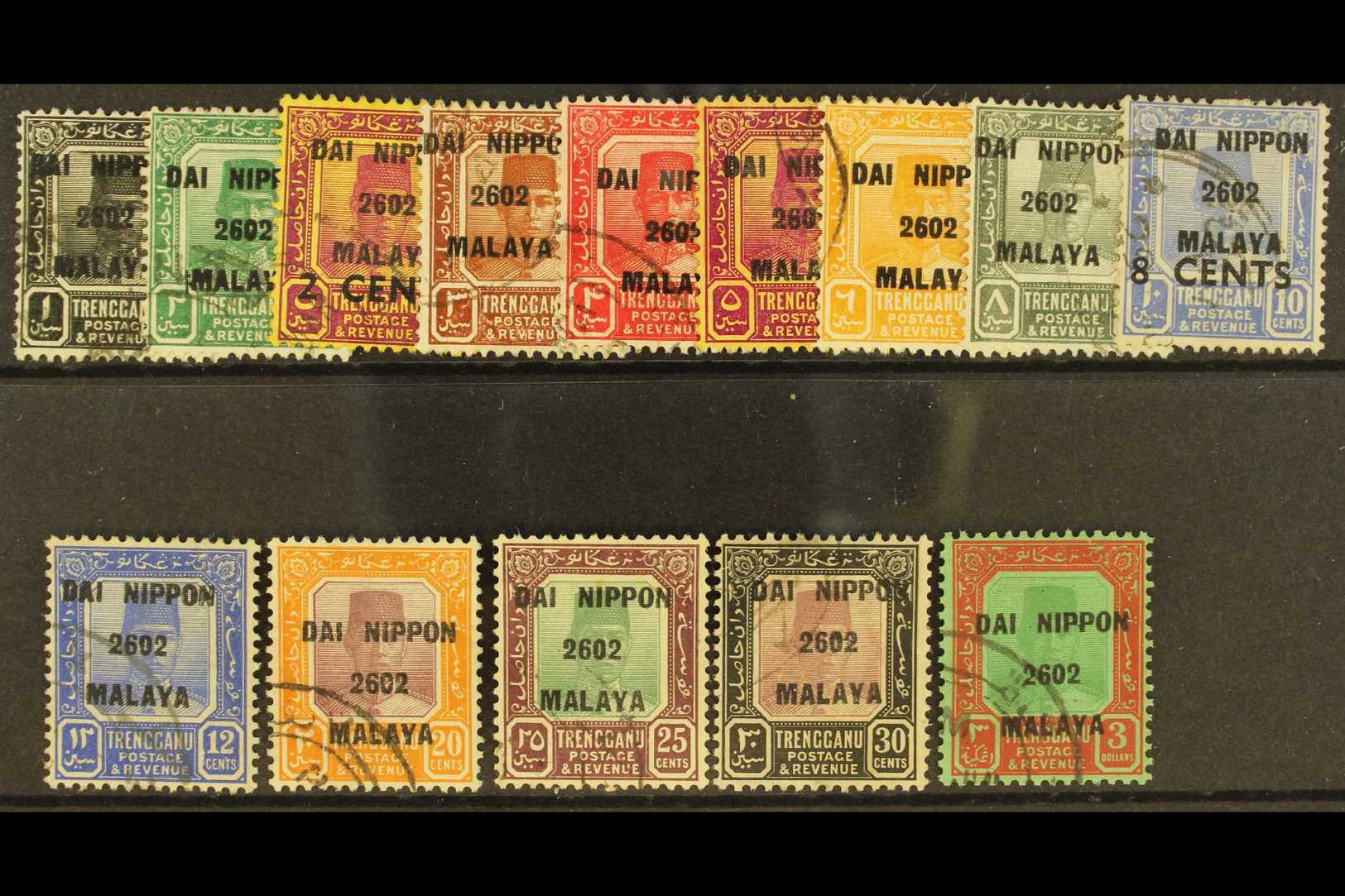 TRENGGANU  1942 "Dai Nippon 2602 Malaya" Overprint Set To $3 Complete, SG J119/32, Very Fine Used. Scarce Set.  (14 Stam - Otros & Sin Clasificación