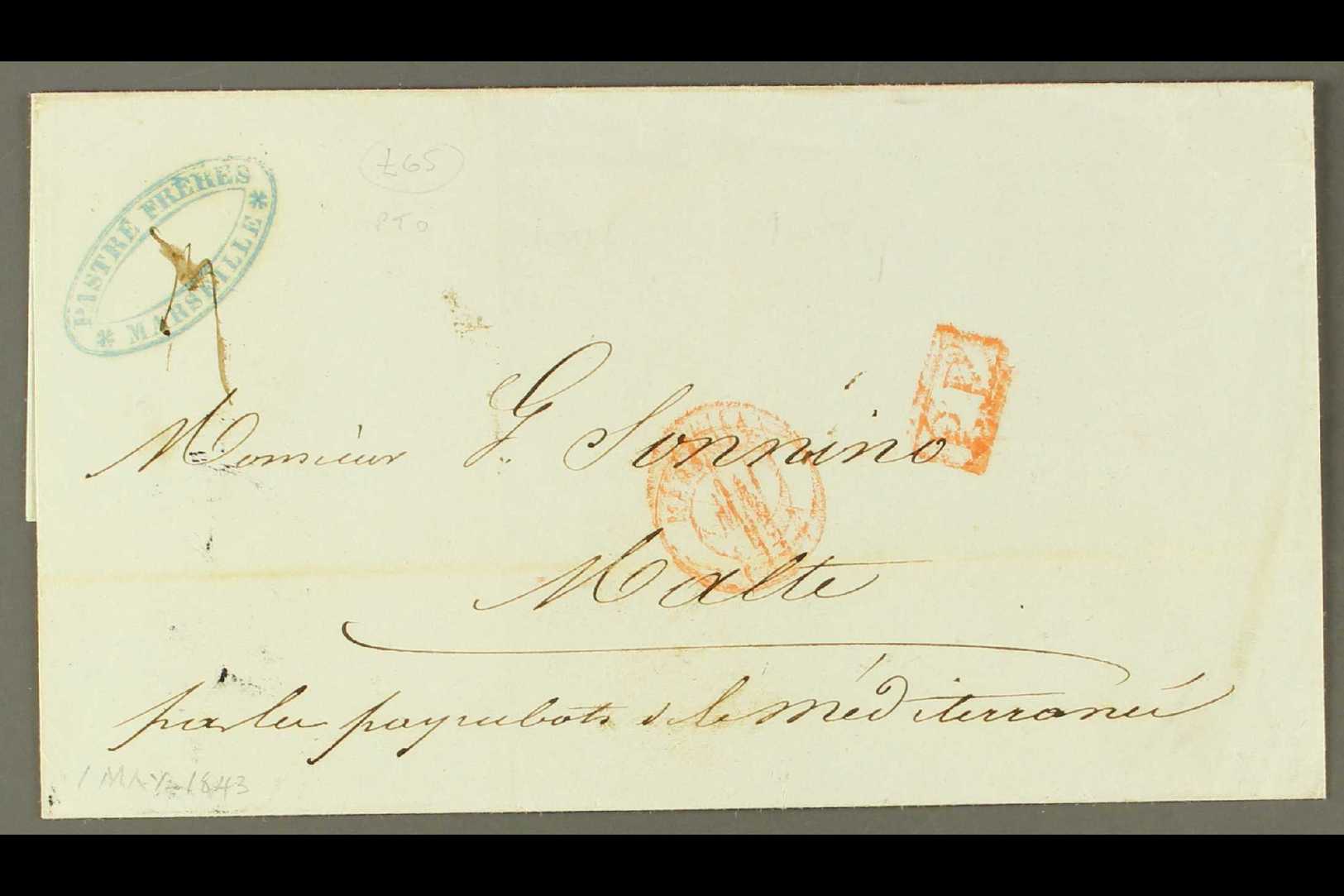 1847  Paid Wrapper From Marseilles To Malta Bearing Red Marseille Cds Plus Boxed 'P.P.'; On Reverse Straight-line "8 May - Malta (...-1964)