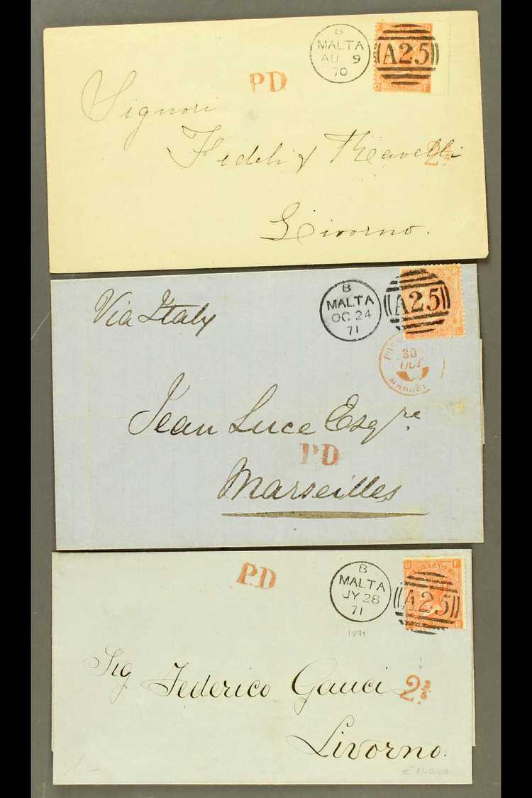 1870-71 GB USED IN  4d Vermilion Plate 12, SG Z49, Three Attractive Envelopes To Livorno Or Marseilles, Each With Crisp  - Malta (...-1964)