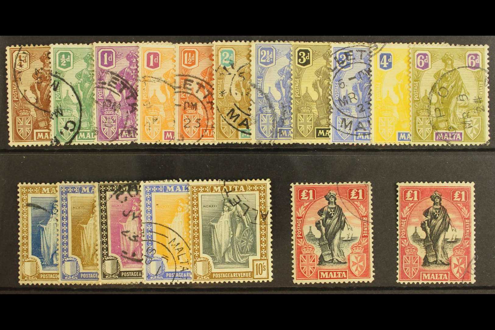 1922  "Malta" Allegory Set Complete Including Both £1 Printings, SG 123/140, Very Fine And  Fresh Used. (18 Stamps) For  - Malta (...-1964)