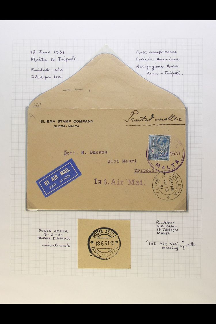1931-37 FLIGHT COVERS  A Fine Collection Of Air Mail Covers Including First Flight Covers For 1931 (18 Jun) Valletta To  - Malte (...-1964)