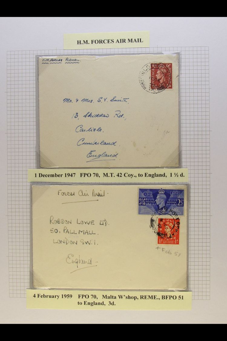 H.M. FORCES AIR MAIL  1947 And 1959 Covers To England Bearing Stamps Tied By FPO Cancels. (2 Covers) For More Images, Pl - Malte (...-1964)
