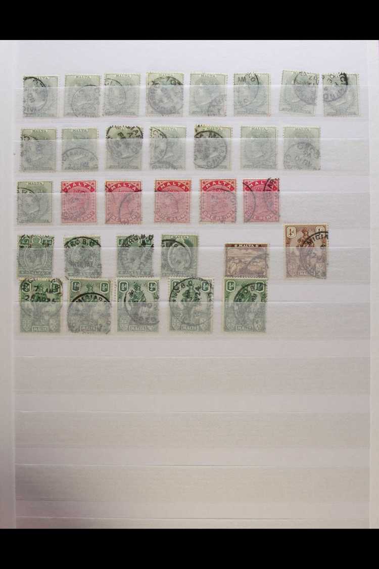 POSTMARKS  From QV 1885-90 ½d Green, Wmk Crown CA Through KEVII, KGV & KGVI Issues, Laid Out In A Basic A To Z Order In  - Malte (...-1964)