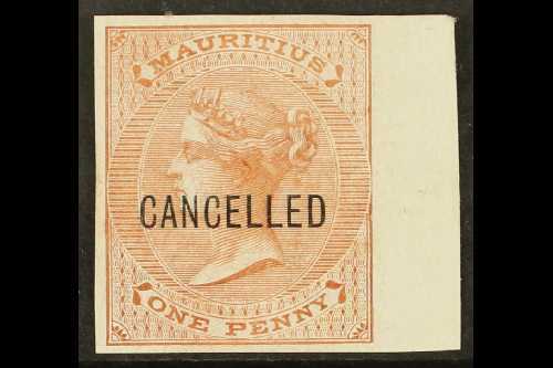 1863  1d Brown De La Rue (SG 57) IMPERF PLATE PROOF Overprinted "Cancelled" On White Surfaced Paper With 4 Good Margins. - Mauricio (...-1967)