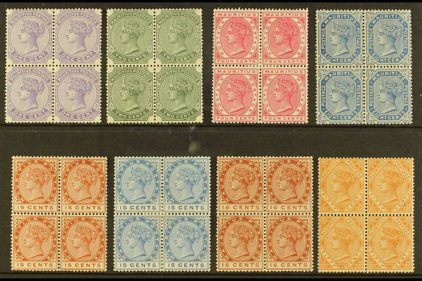 1883-94  Watermark Crown CA Fine Mint Group Of BLOCKS OF FOUR With 1c, 2c Green, 4c Carmine, 8c, 15c Chestnut, 15c Blue, - Mauricio (...-1967)