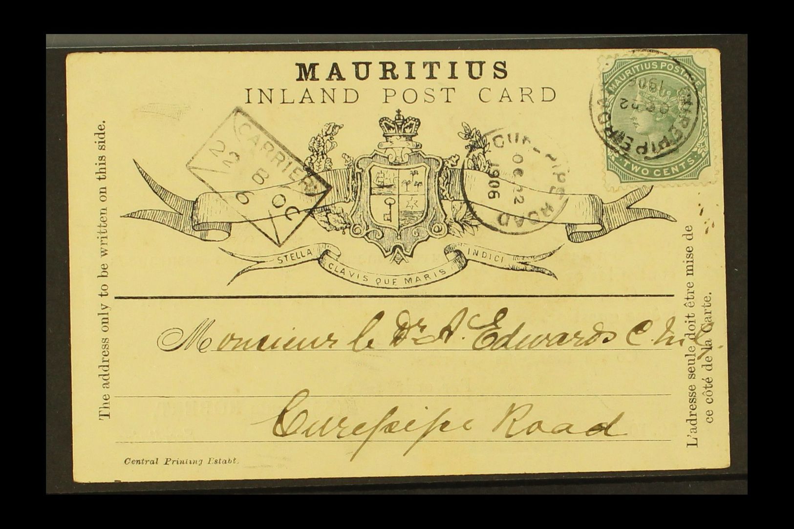 1906  (22 Oct) Formular Card With QV 2c Green Adhesive Tied By Curepipe Road Cds; Alongside "envelope" Carrier Cachet An - Maurice (...-1967)