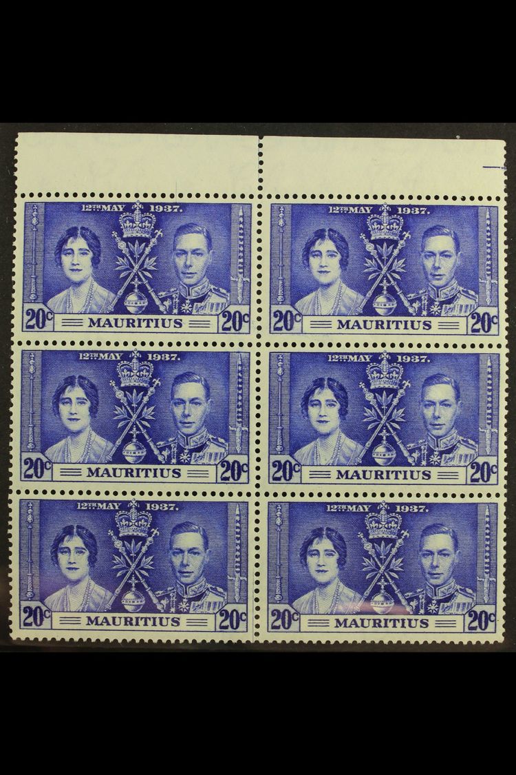 1937 CORONATION VARIETY  20c Bright Blue "LINE THROUGH SWORD" Variety, SG 251/251a In A Marginal Never Hinged Mint Block - Maurice (...-1967)