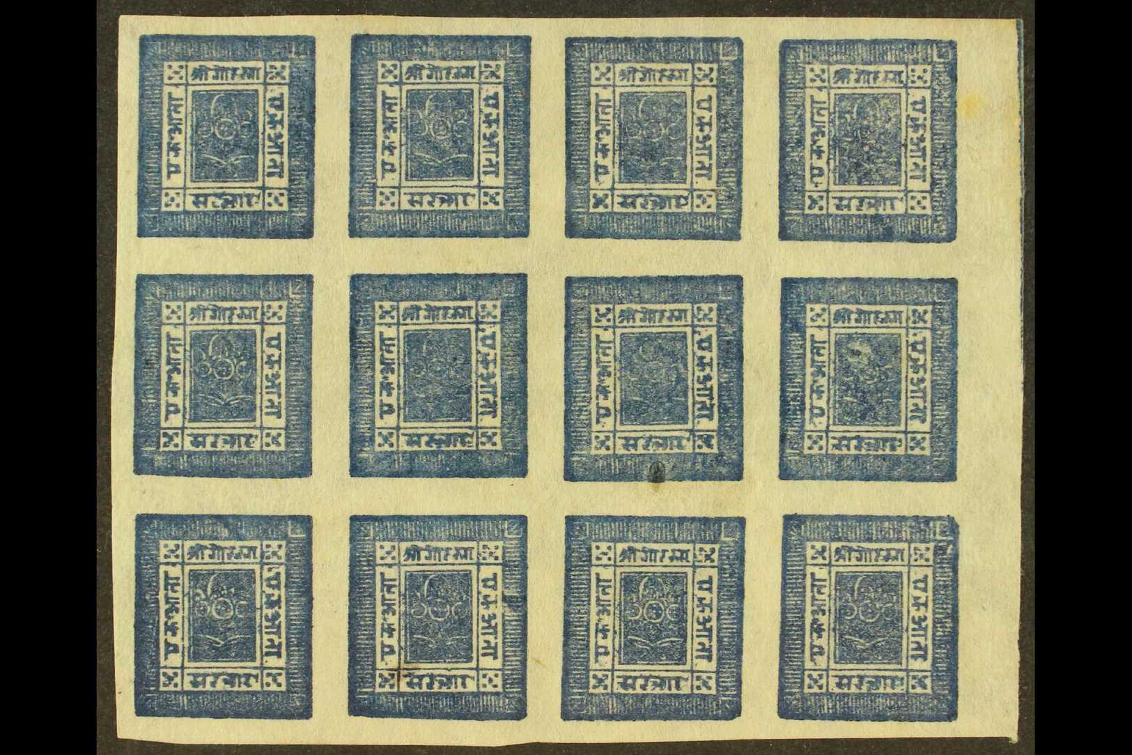 1886-98  1a Deep Blue, Imperf On Native Paper (SG 7, Scott 7, Hellrigl 7b), Setting 8, BLOCK OF TWELVE (positions 21-24/ - Nepal