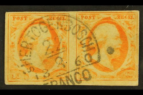 1852  15c Orange- Yellow Pair Cancelled By Very Fine "s'-HERTOGENBOSCH" Halfround Type C Pmk With 4 Small Margins. Scarc - Otros & Sin Clasificación