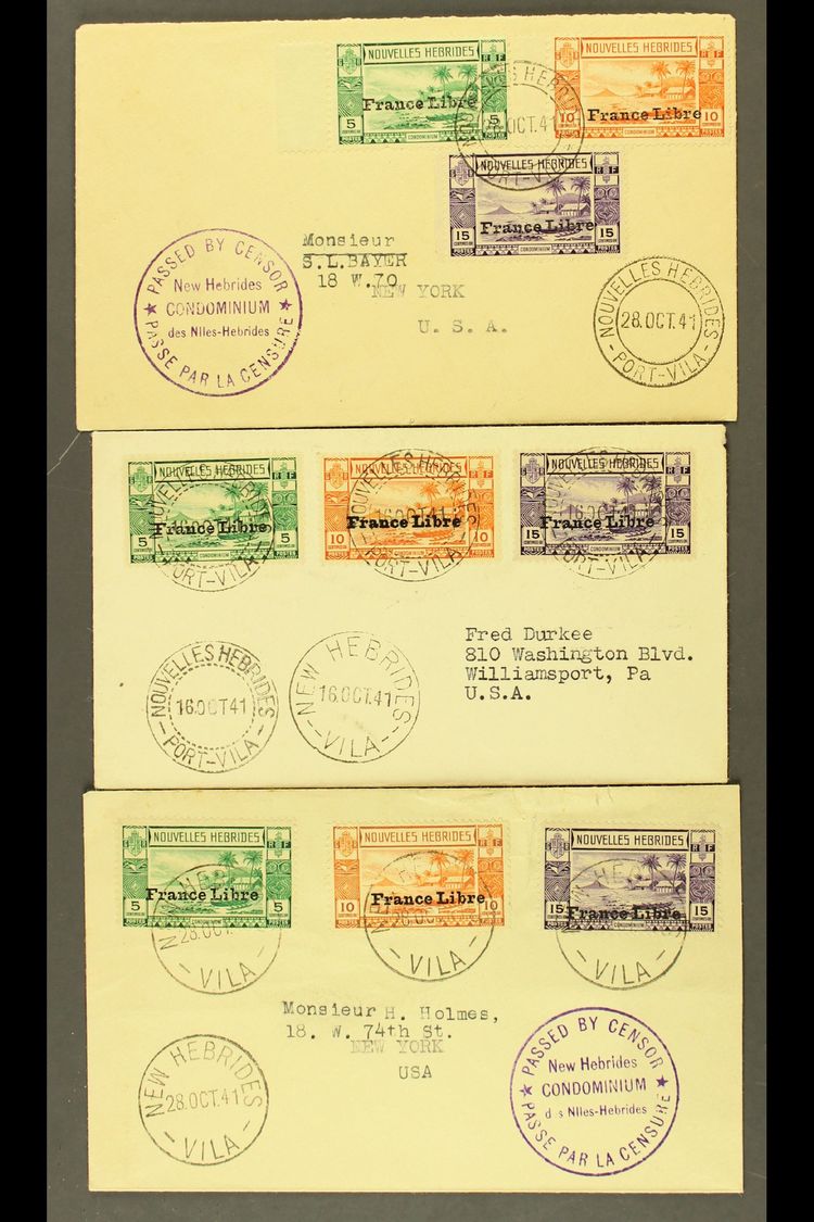 FRENCH  1941 Three Censored Covers Addressed To USA, Each Bearing 1941 5c, 10c & 15c "France Libre" Overprints (SG F53/5 - Autres & Non Classés