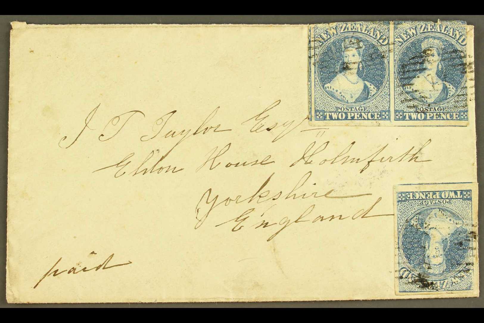 1858  (7 Jun) Env From Nelson To Huddersfield, England Bearing PAIR + Single Of The 1857-63 2d Blue Imperfs (SG 10, Sing - Autres & Non Classés